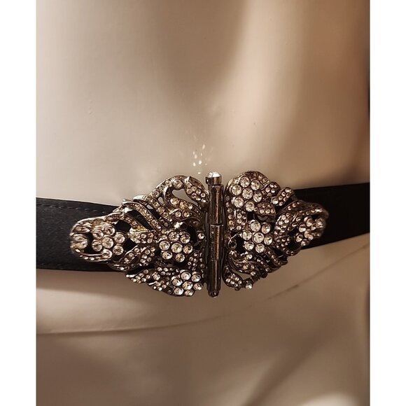 1 Of a Kind ESCADA Vintage womens belt satin leather black Crystal studs buckle - Picture 14 of 15